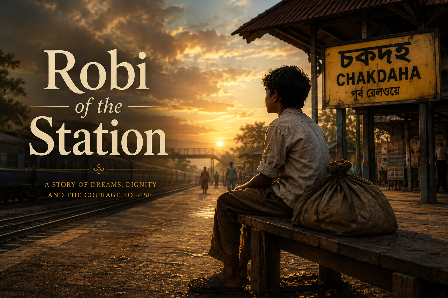 A boy sitting with his sack on a bench at Chakdaha station platform at sunset, the cover art for Robi of the Station